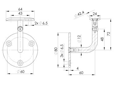 Edelstahl Handlaufstütze Handlaufhalter Handlaufträger Wandhalter mit Platte Rohr  42,4 geschliffen K320